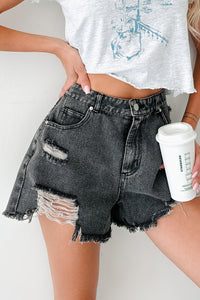 Avril High Rise Distressed Denim Shorts (Black) - NanaMacs