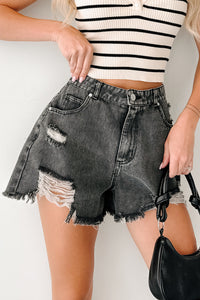 Avril High Rise Distressed Denim Shorts (Black) - NanaMacs