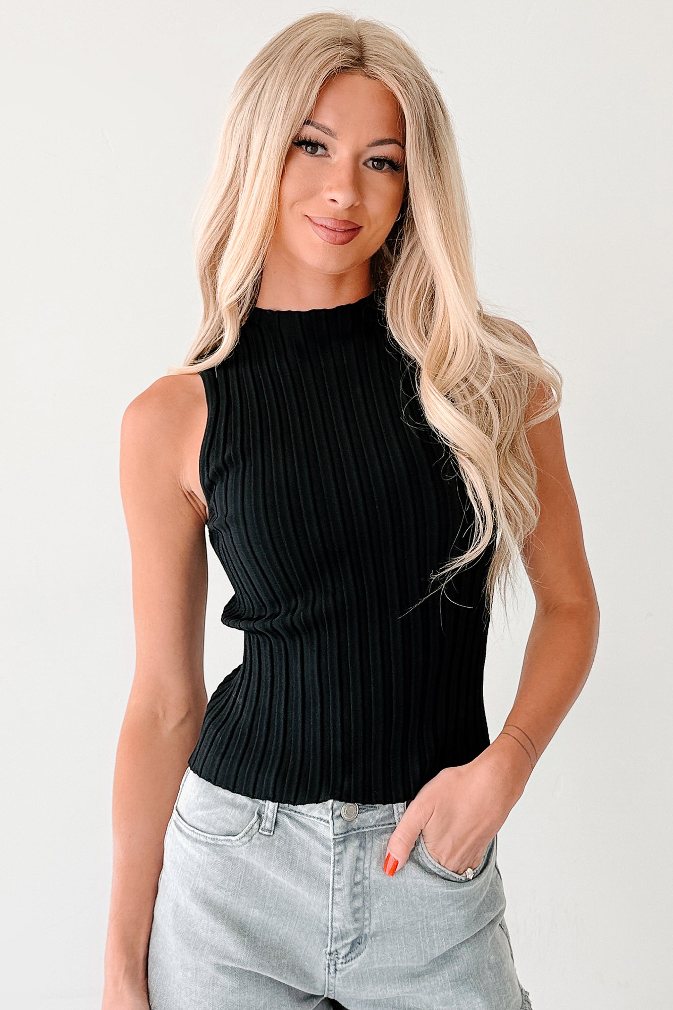 Glam & Go Sleeveless Mock Neck Ribbed Top (Black) - NanaMacs
