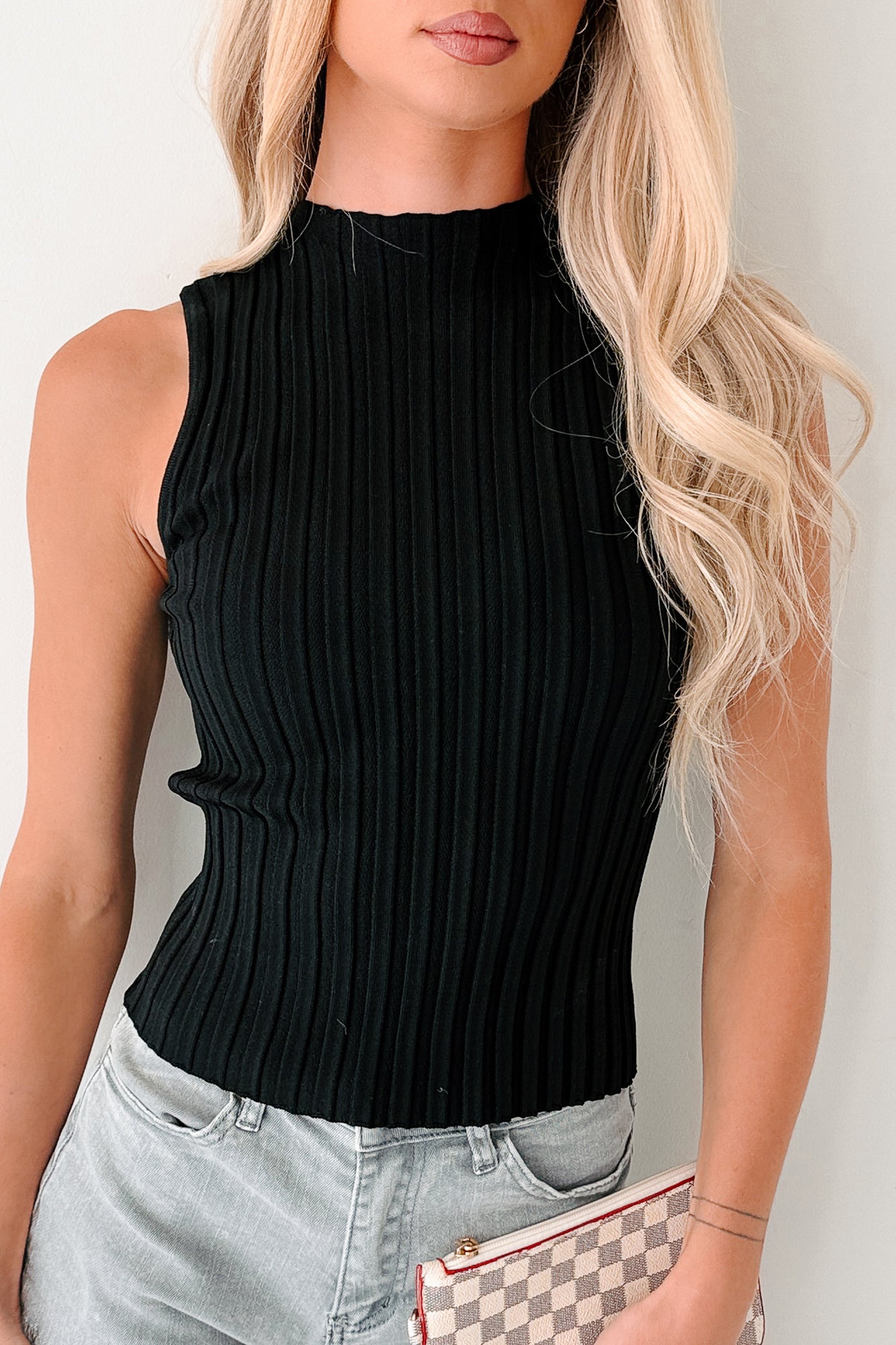 Glam & Go Sleeveless Mock Neck Ribbed Top (Black) - NanaMacs