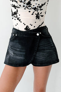 Got This In The Bag Wrap Denim Mini Skort (Black) - NanaMacs