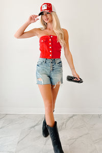 Dagwood Judy Blue Mid Rise Button Fly Distressed Shorts (Medium) - NanaMacs
