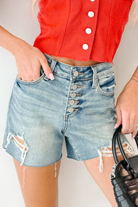 Dagwood Judy Blue Mid Rise Button Fly Distressed Shorts (Medium) - NanaMacs