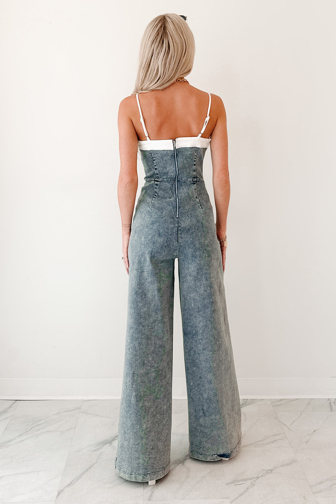Follow The Feeling Acid Wash Denim Jumpsuit (Blue Acid/White