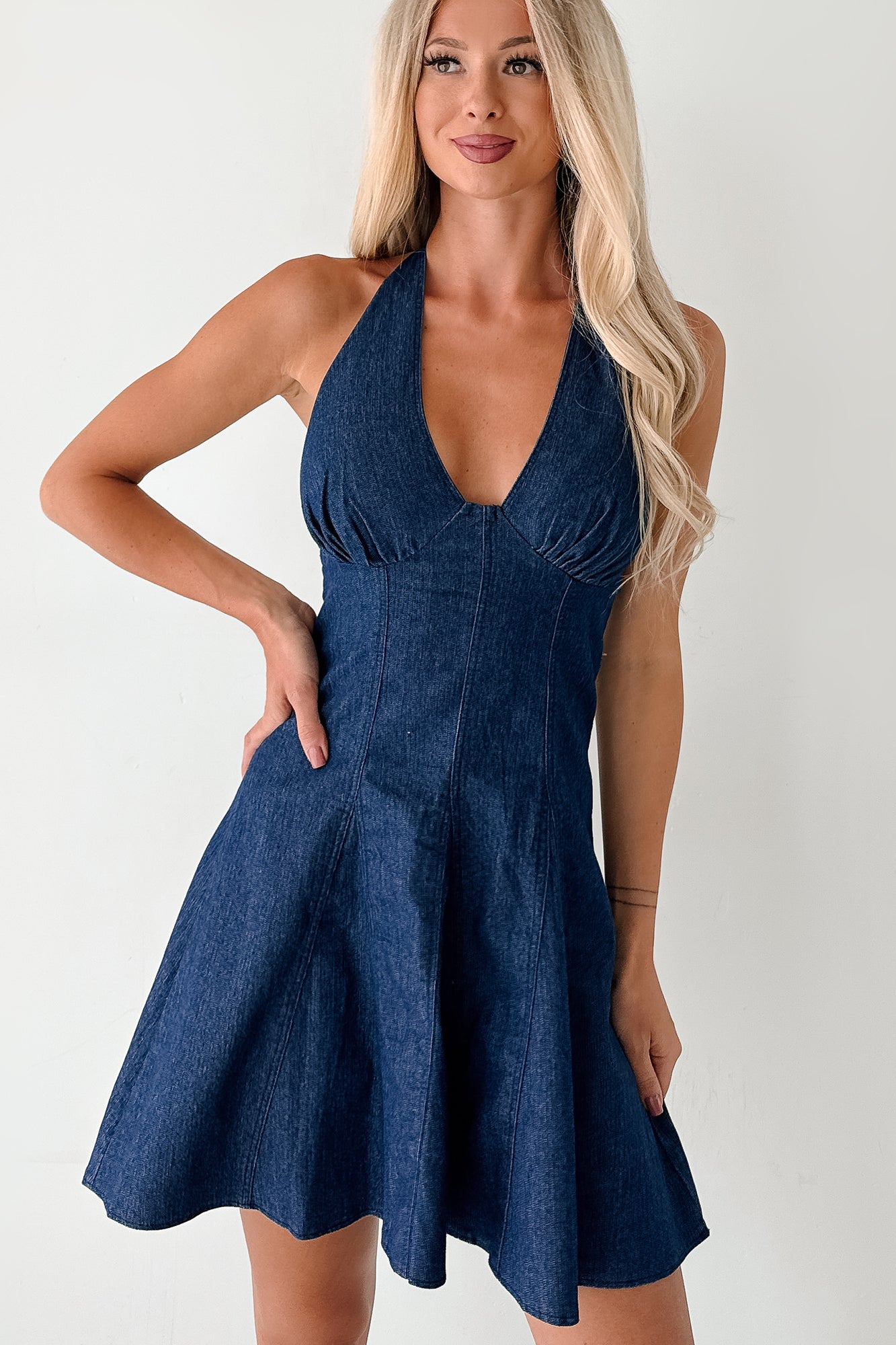 Medium Wash Denim Halter Neck Open Back Mini Dress Medium Wash Denim Halter Neck Open Back Mini Dress