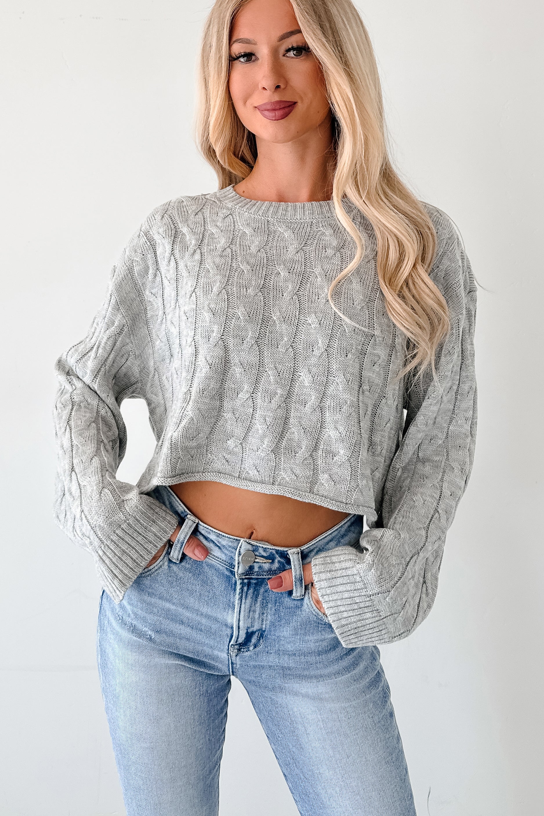 Time For Me Cable Knit Crop Sweater (Silver Grey) · NanaMacs