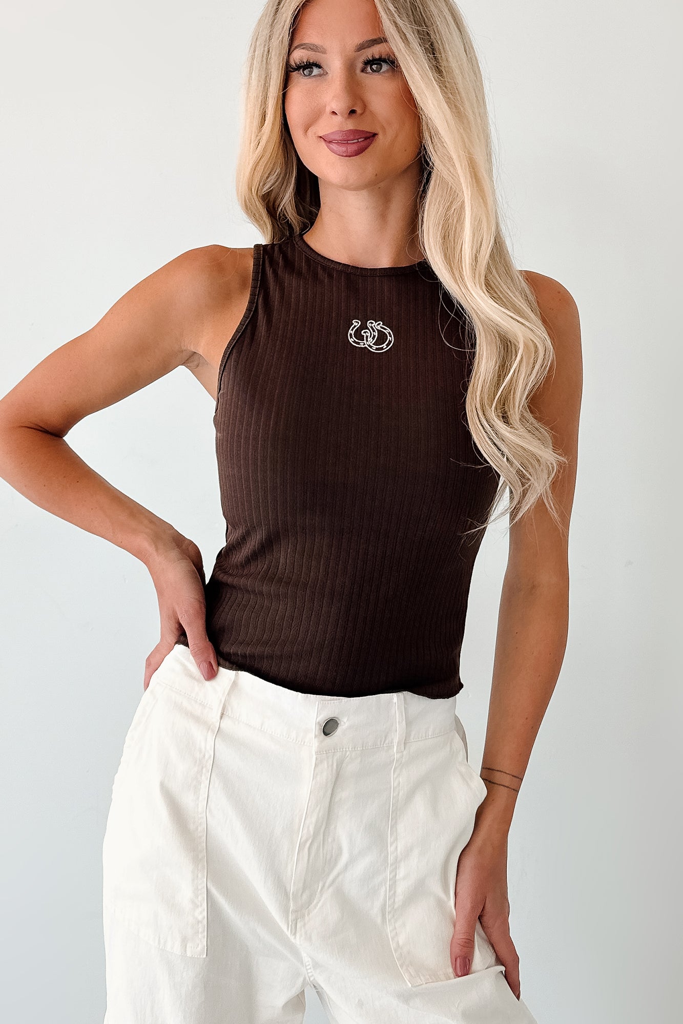 Hay There Embroidered Sleeveless Top (Chocolate) - NanaMacs