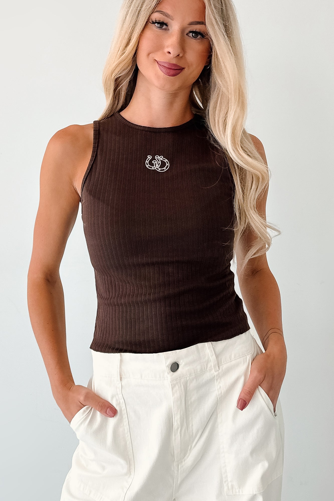 Hay There Embroidered Sleeveless Top (Chocolate) - NanaMacs