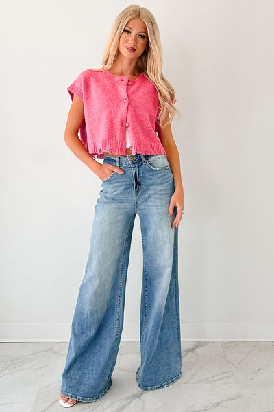 Undemanding Comfort Distressed Button-Up Sweater Vest (Pink) - NanaMacs