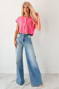 Undemanding Comfort Distressed Button-Up Sweater Vest (Pink) - NanaMacs