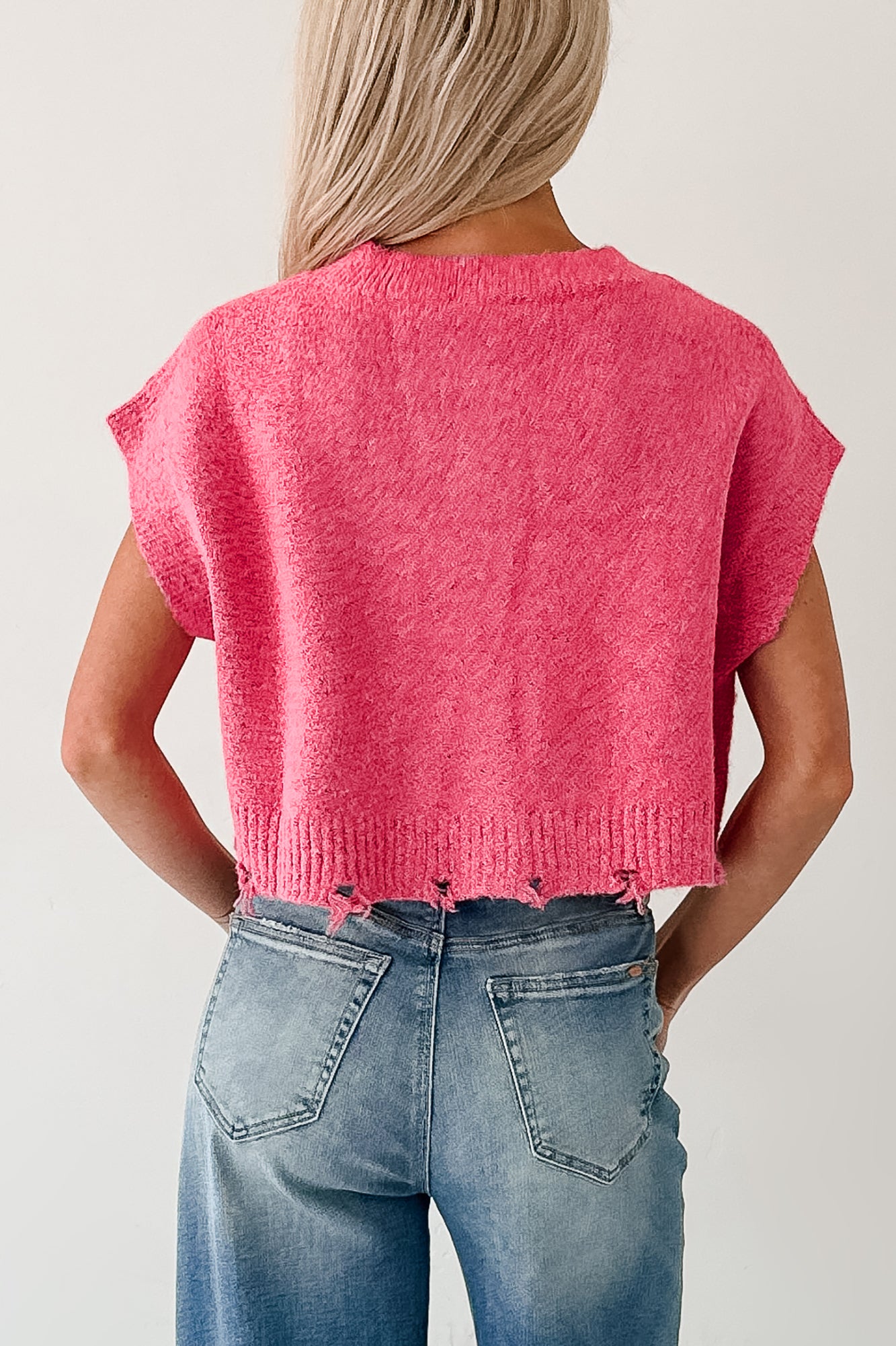 Undemanding Comfort Distressed Button-Up Sweater Vest (Pink) - NanaMacs