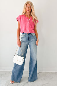 Undemanding Comfort Distressed Button-Up Sweater Vest (Pink) - NanaMacs