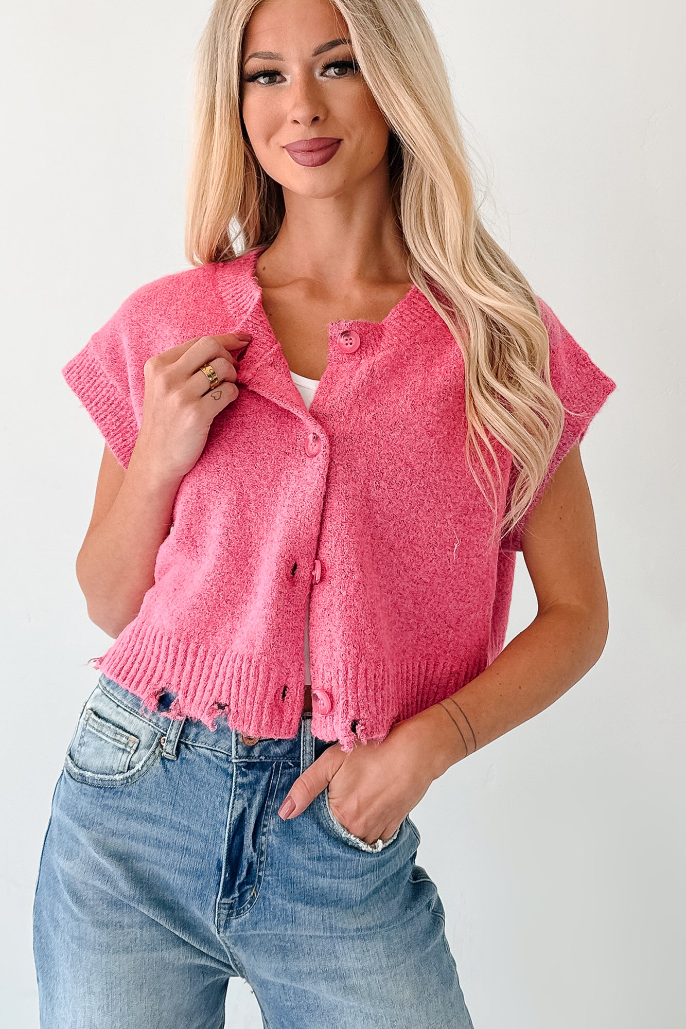 Undemanding Comfort Distressed Button-Up Sweater Vest (Pink) - NanaMacs