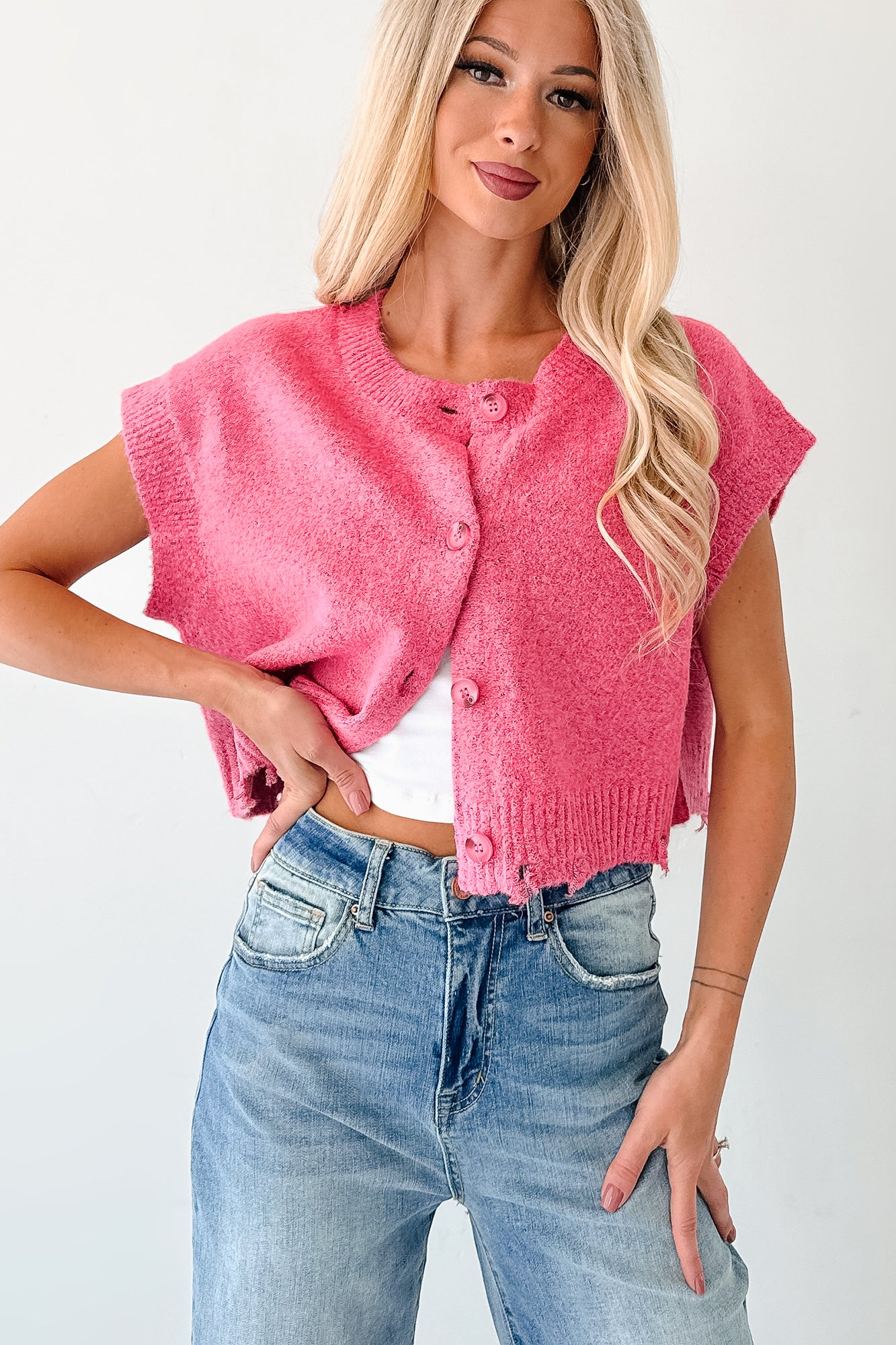 Undemanding Comfort Distressed Button-Up Sweater Vest (Pink) - NanaMacs