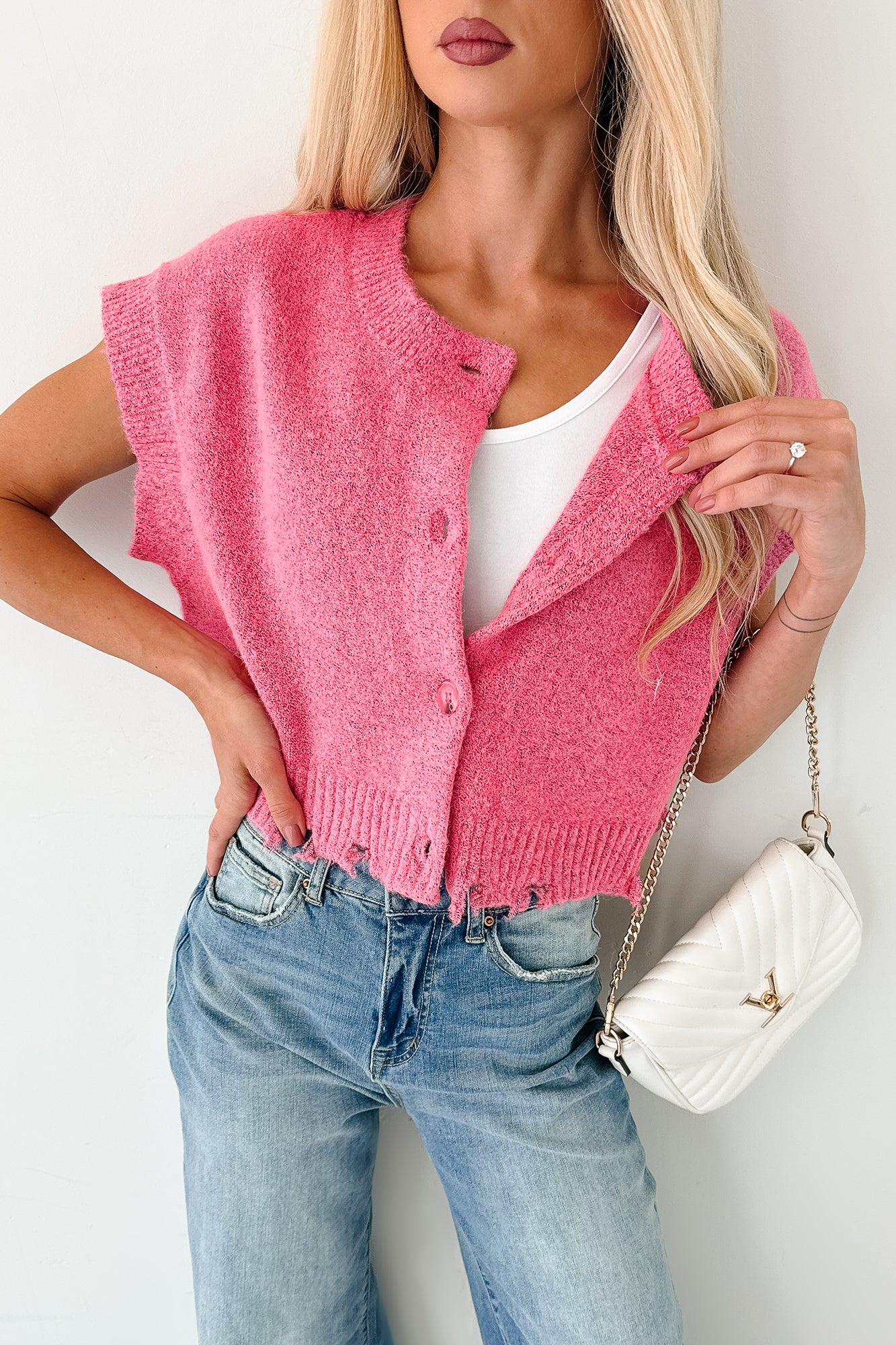 Undemanding Comfort Distressed Button-Up Sweater Vest (Pink) - NanaMacs