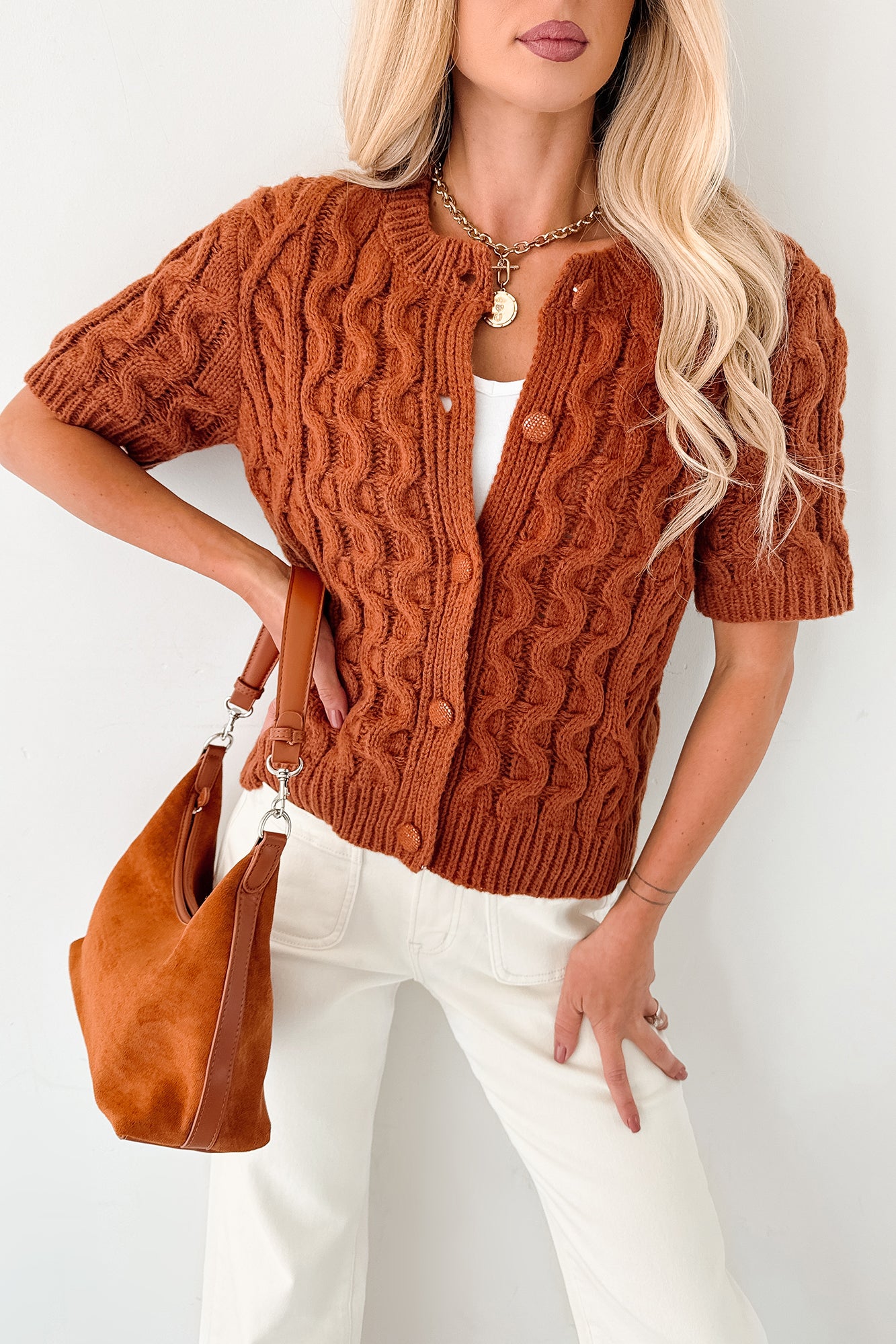 Just Being Modest Short Sleeve Button-Up Sweater (Brick) - NanaMacs