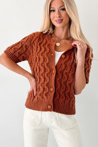 Just Being Modest Short Sleeve Button-Up Sweater (Brick) - NanaMacs