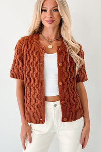 Just Being Modest Short Sleeve Button-Up Sweater (Brick) - NanaMacs