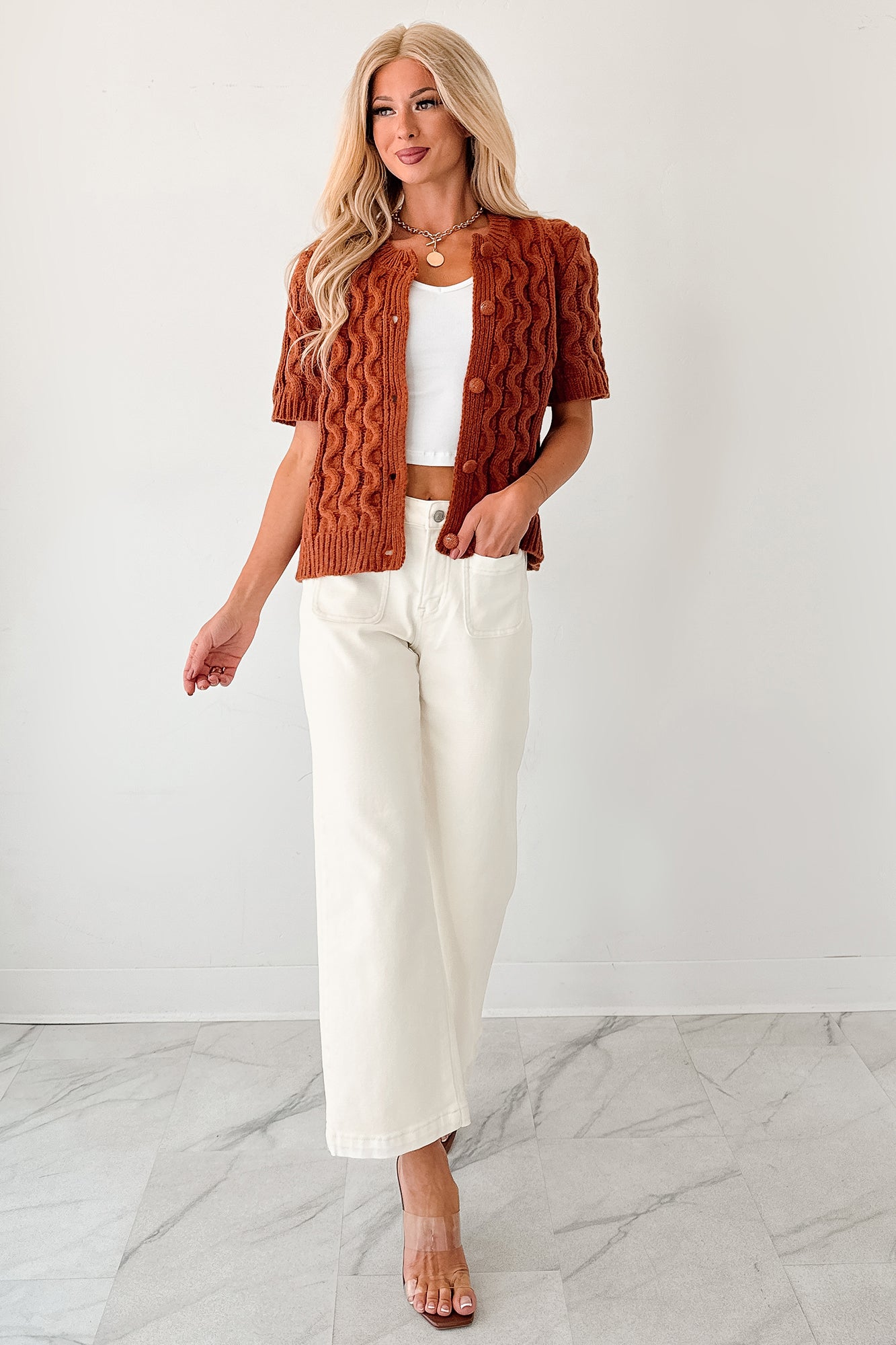 Just Being Modest Short Sleeve Button-Up Sweater (Brick) · NanaMacs