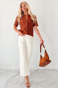 Just Being Modest Short Sleeve Button-Up Sweater (Brick) - NanaMacs