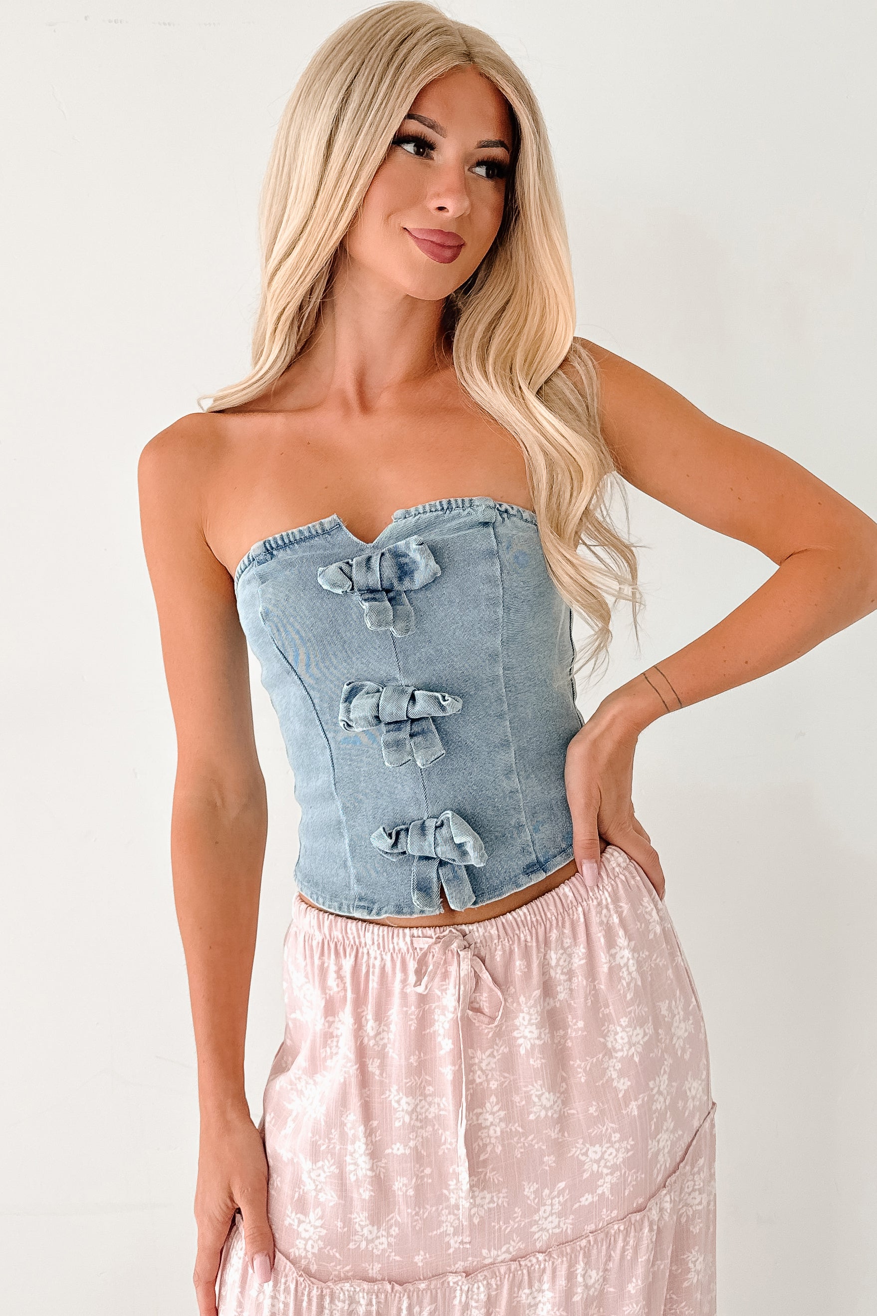 Back To Strangers Denim Bow Front Corset Top (Light Wash) · NanaMacs