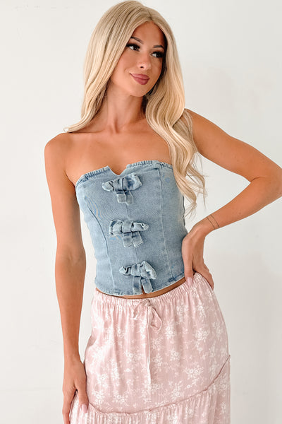 Back To Strangers Denim Bow Front Corset Top (Light Wash) - NanaMacs