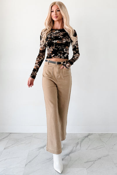 Script Flipped Long Sleeve Floral Mesh Top (Black) - NanaMacs