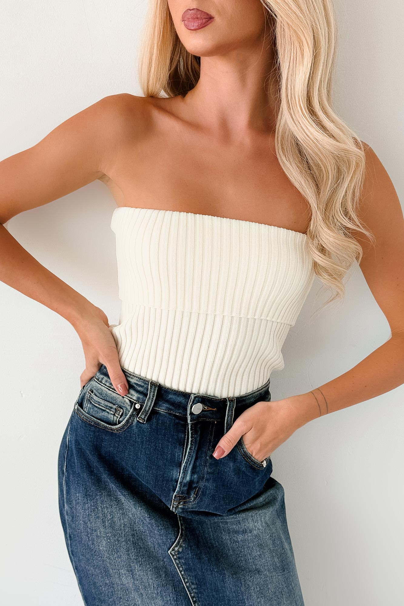 Cozy Corner Ribbed Strapless Fold Over Top (Cream) - NanaMacs