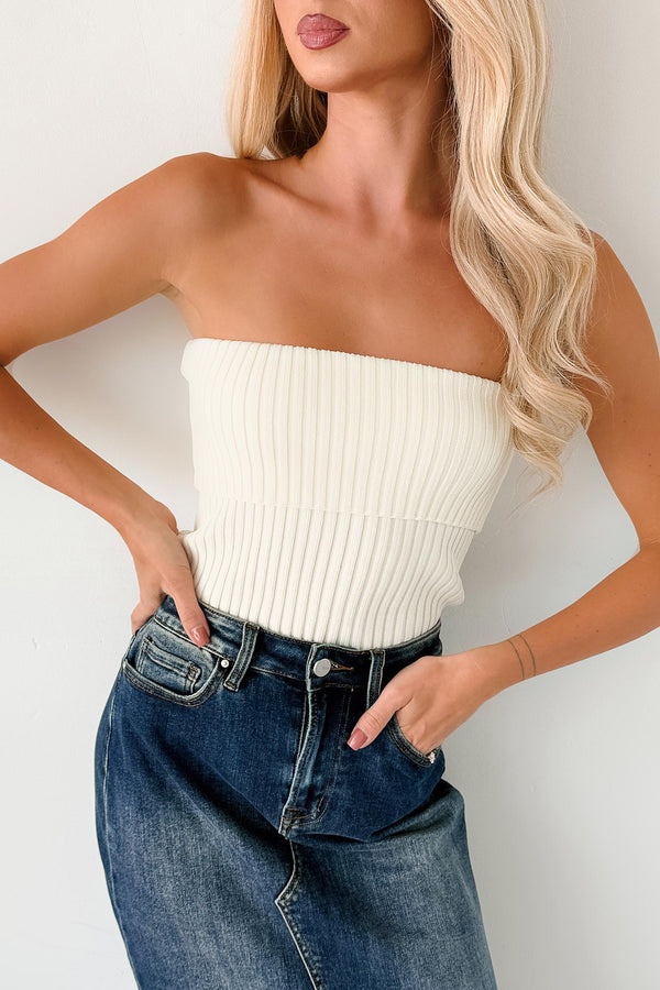 Cozy Corner Ribbed Strapless Fold Over Top (Cream) - NanaMacs