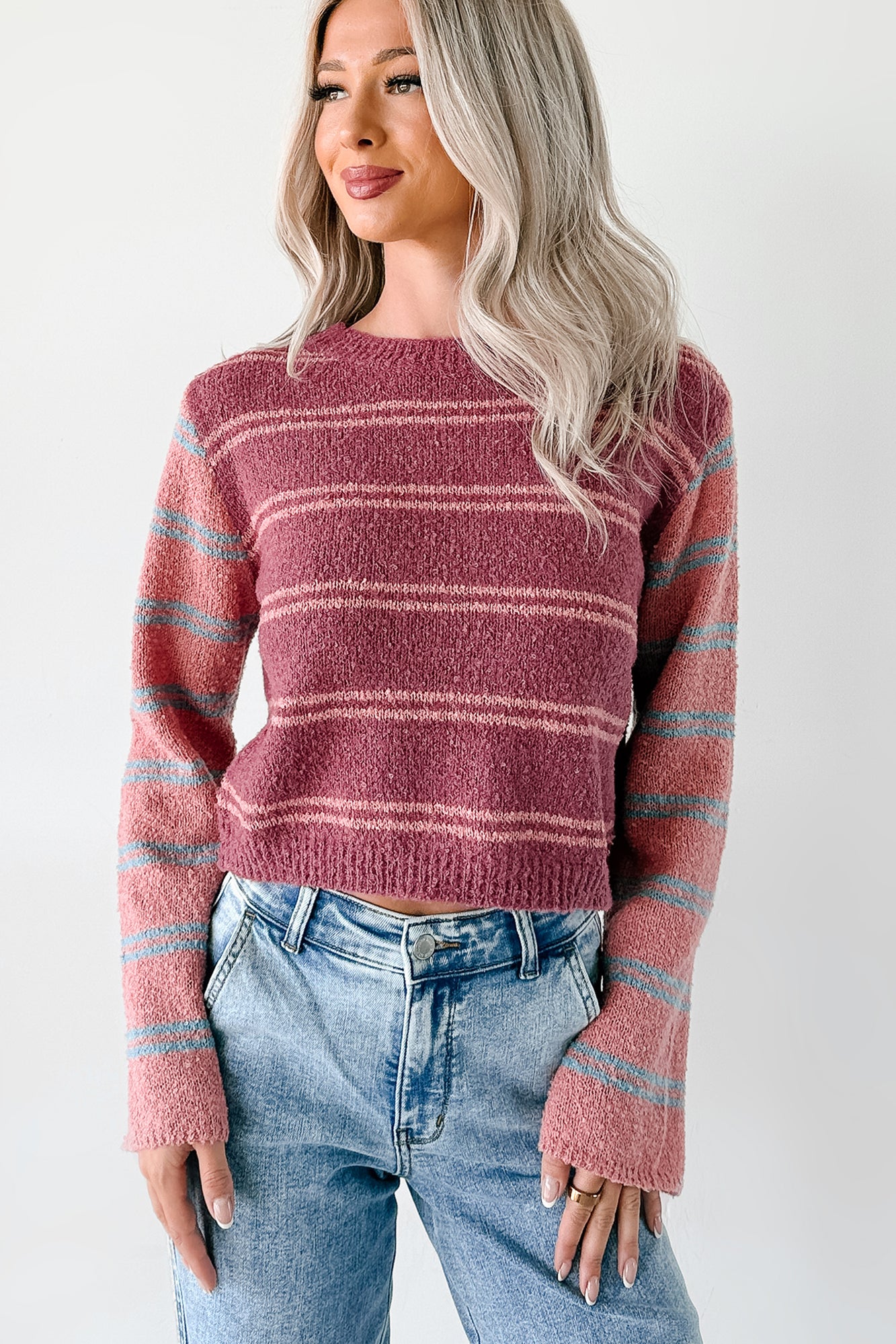 Beyond Ordinary Striped Knit Sweater (Plum Combo) - NanaMacs