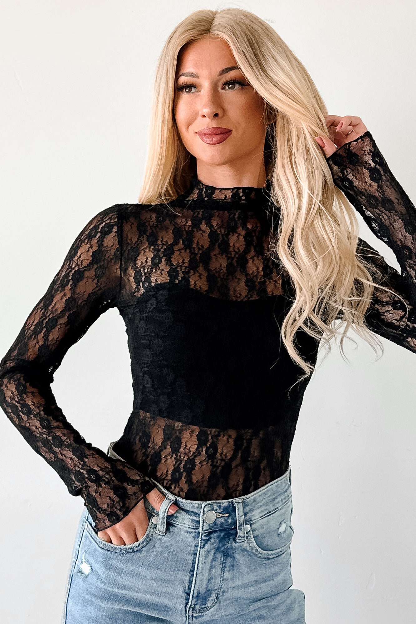 Gentle Spark Floral Lace Long Sleeve (Black) - NanaMacs