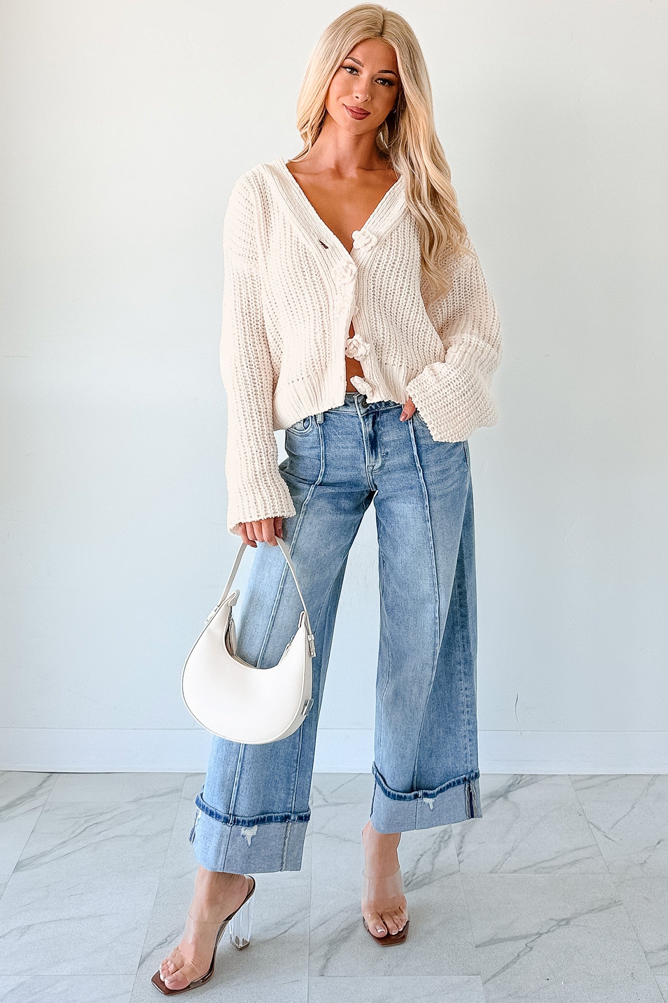 Soft & Still POL Oversized Chenille Cardigan (Powder Cream) - NanaMacs