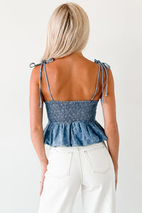 Over The Moon Floral Bubble Hem Top (Denim/White) - NanaMacs