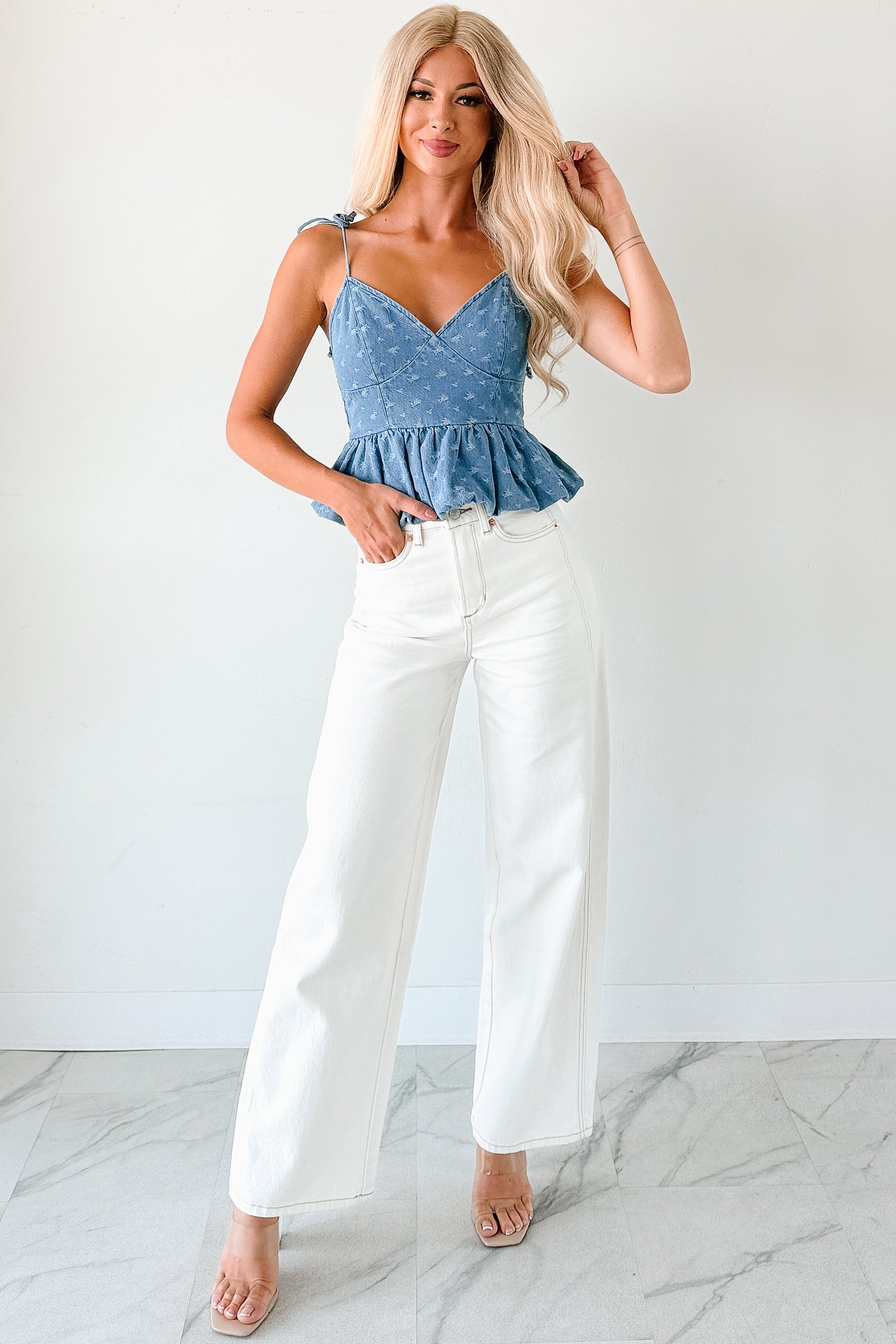 Over The Moon Floral Bubble Hem Top (Denim/White) - NanaMacs