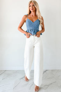 Over The Moon Floral Bubble Hem Top (Denim/White) - NanaMacs