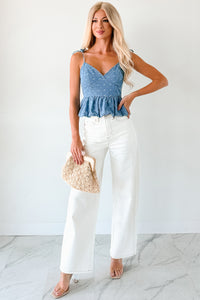 Over The Moon Floral Bubble Hem Top (Denim/White) - NanaMacs