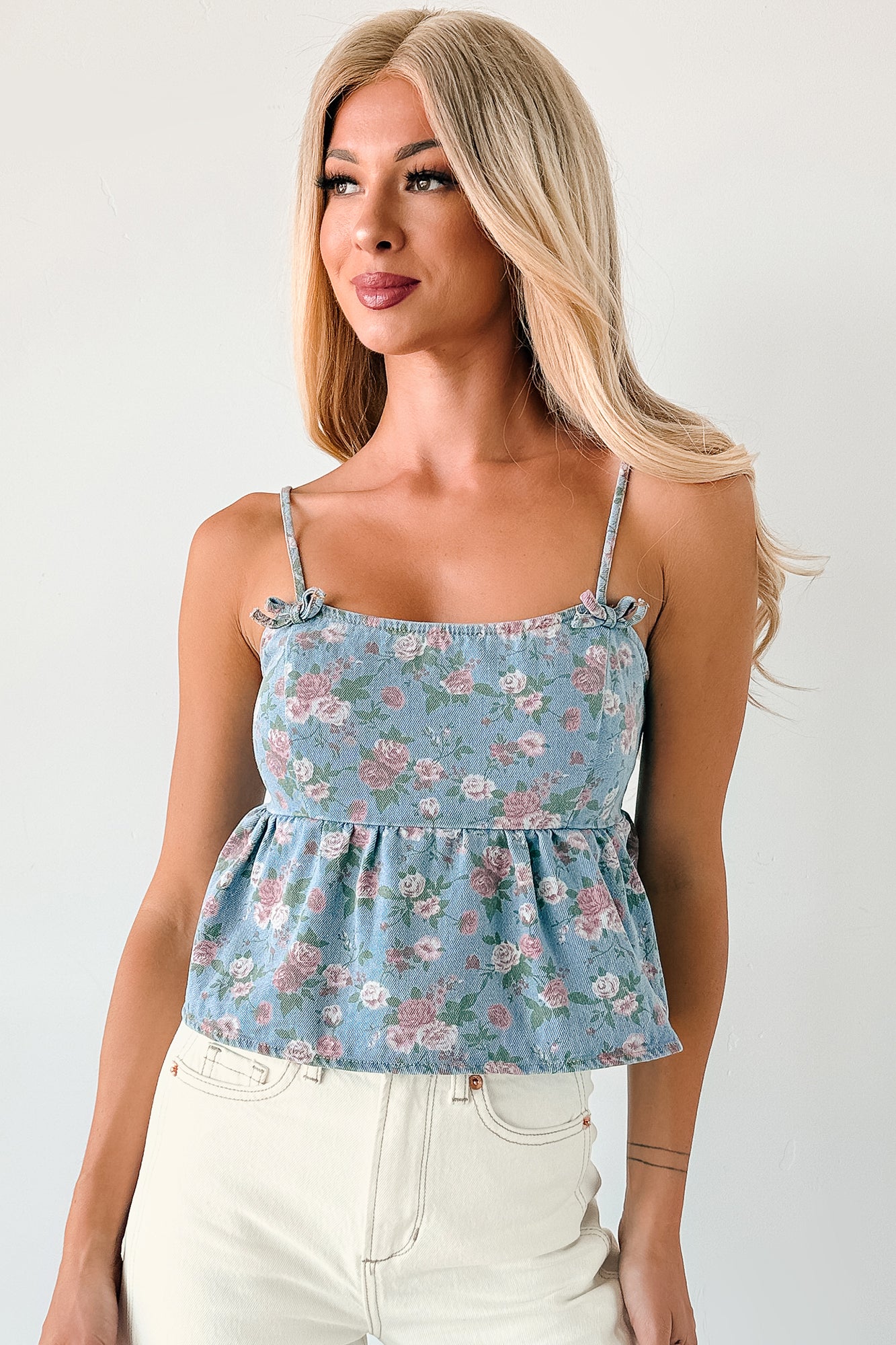 Bows Before Bros Sleeveless Floral Top (Denim/Pink) - NanaMacs