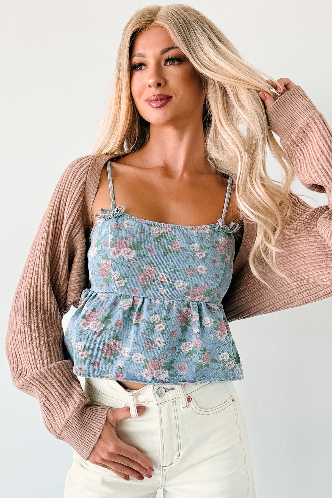 Bows Before Bros Sleeveless Floral Top (Denim/Pink) - NanaMacs