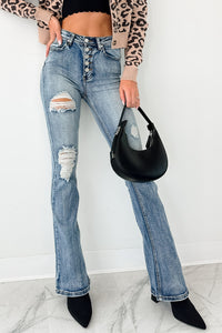 Aysha High Rise Distressed Indigo Reign Flare Jeans (Medium) - NanaMacs