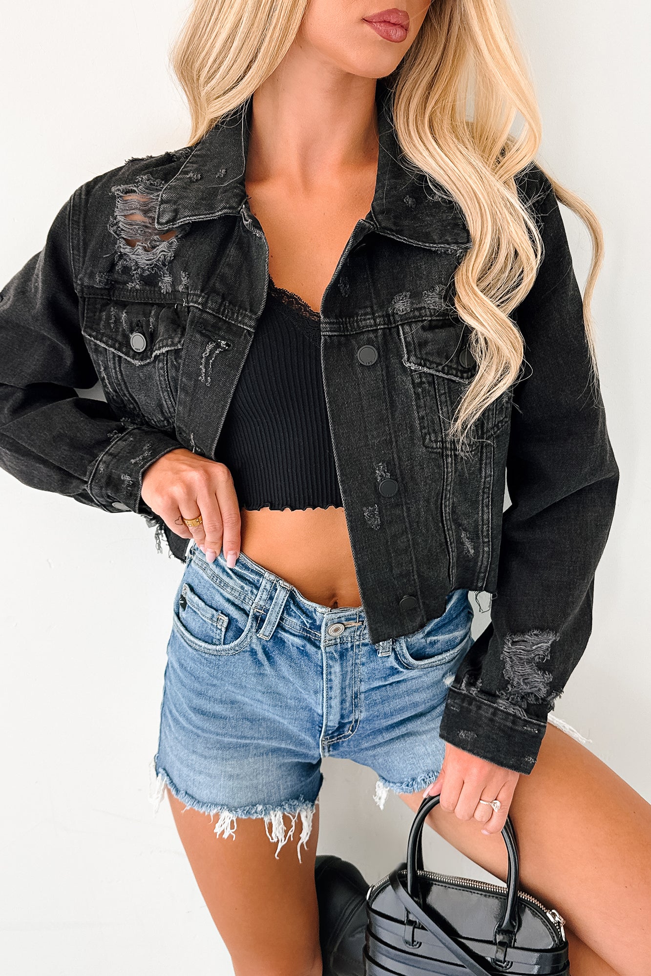 Fade Into You Distressed Denim Jacket (Washed Black) · NanaMacs