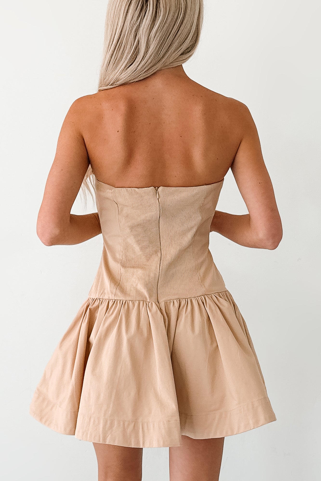 Strutting In Style Strapless Mini Dress (Taupe) - NanaMacs