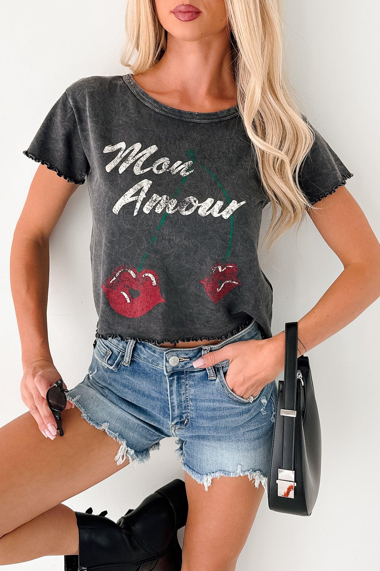 "Mon Amour" Acid Wash Graphic Top (Charcoal) - NanaMacs