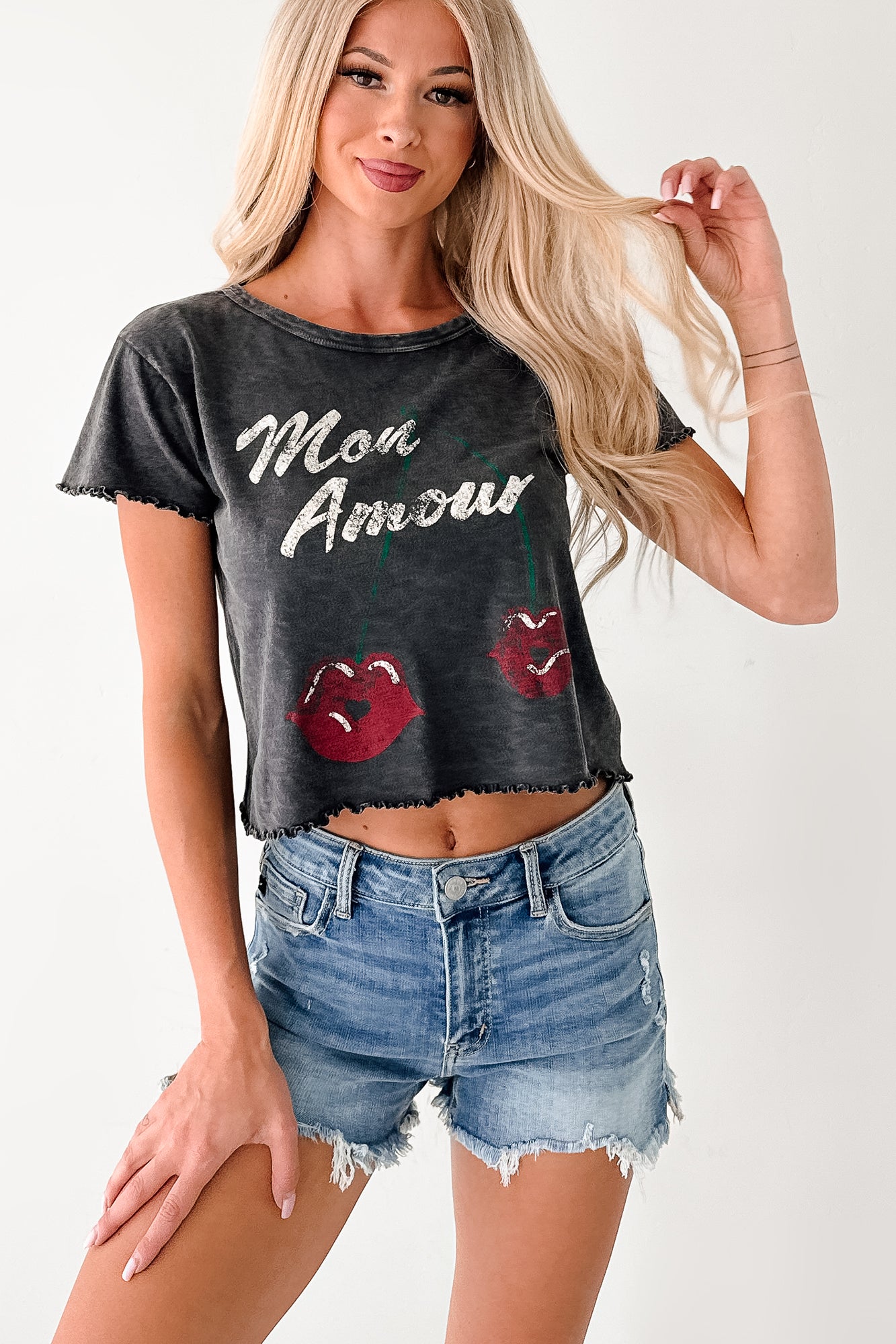 "Mon Amour" Acid Wash Graphic Top (Charcoal) - NanaMacs