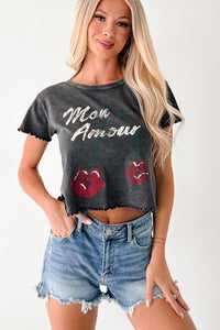 "Mon Amour" Acid Wash Graphic Top (Charcoal) - NanaMacs
