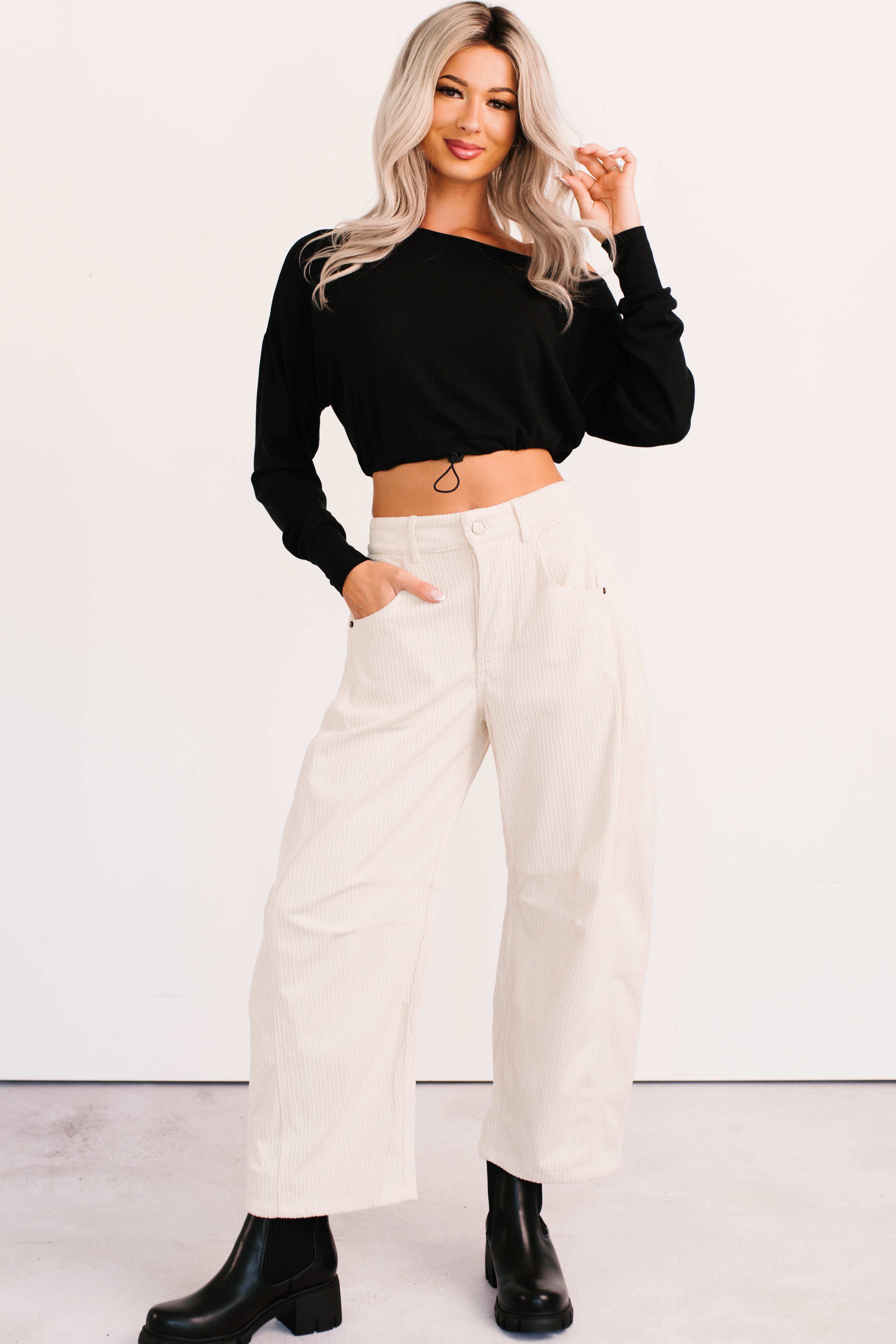 Glow Up Goals Ribbed Off The Shoulder Crop Top (Black) - NanaMacs
