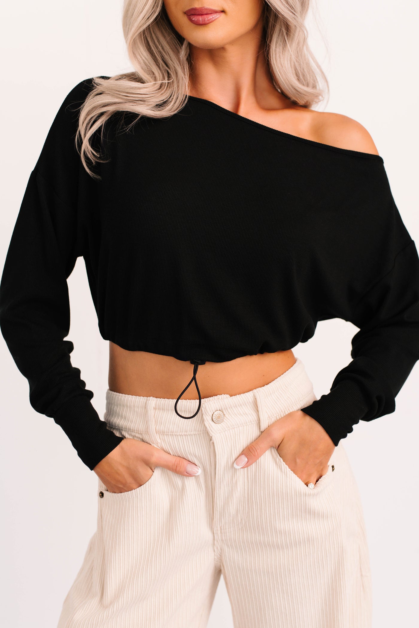 Glow Up Goals Ribbed Off The Shoulder Crop Top (Black) - NanaMacs