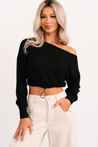 Glow Up Goals Ribbed Off The Shoulder Crop Top (Black) - NanaMacs