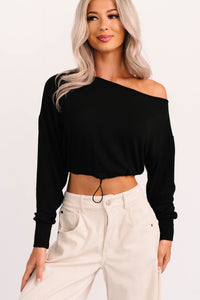 Glow Up Goals Ribbed Off The Shoulder Crop Top (Black) - NanaMacs