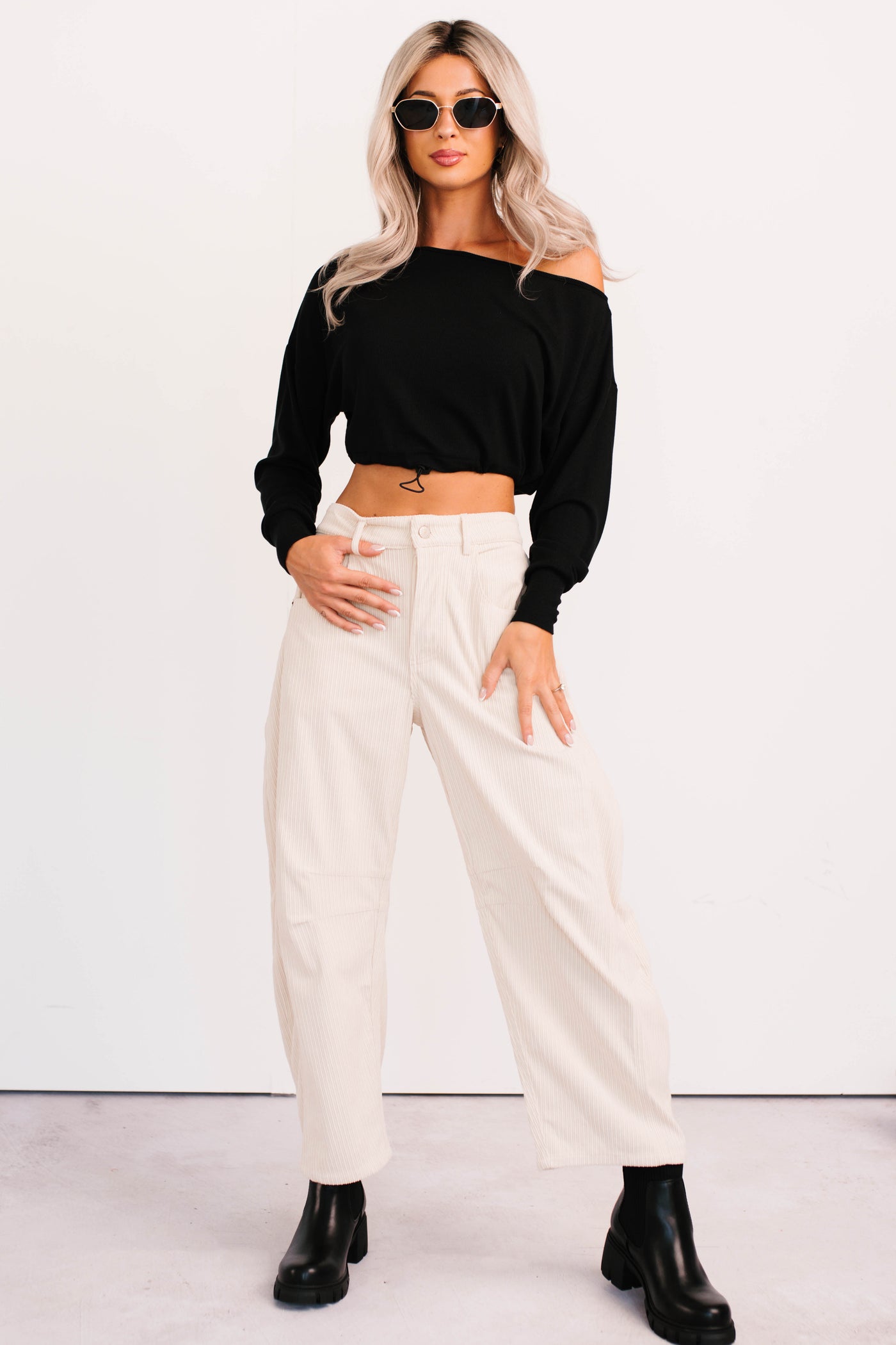 Glow Up Goals Ribbed Off The Shoulder Crop Top (Black) - NanaMacs