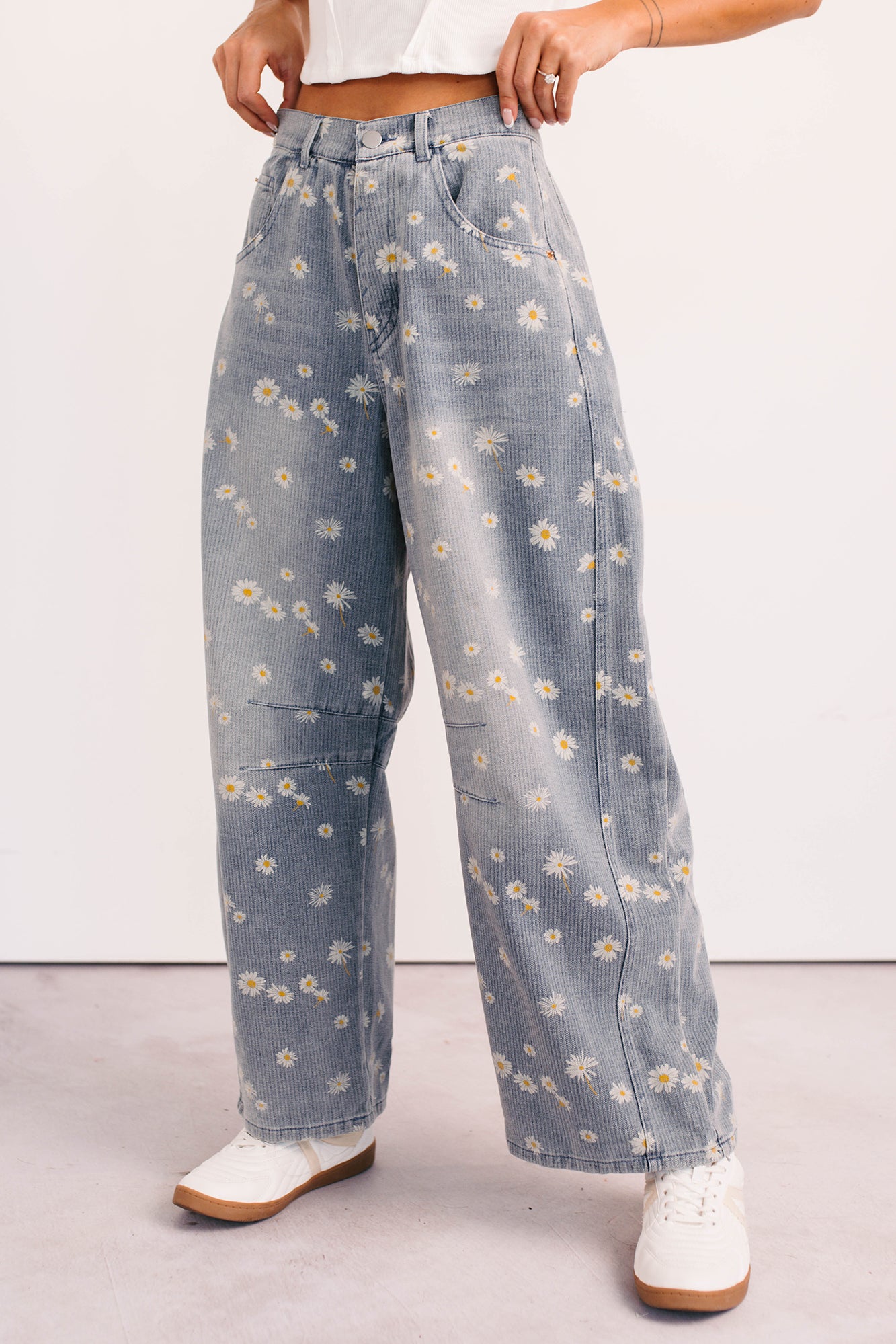 Rae Floral Stripe Wide Leg Barrel Jeans (Denim) - NanaMacs